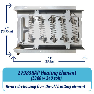 Appli Parts 279838AP Dryer Heating Element Replacement for Whirlpool 279838, Replaces 279837, 3398063, 3398064, 3403585, 8565582, W10724238, Fits Whirlpool Amana Kenmore Maytag Electric Dryers