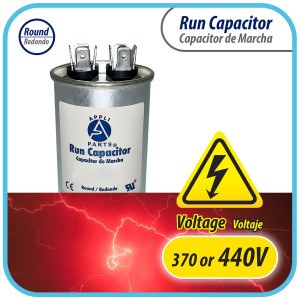 Appli Parts Run Capacitor for ac 15 Mfd uF (microfarads) 370 VAC or 450 VAC CBB65 Round Universal fit for hvac and other applications 3 in High 1-5/8 in Wide CON-15-450