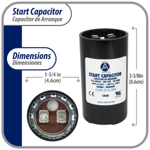 Appli Parts motor start capacitor 216-259 Mfd (microfarads) uF 330 VAC universal fit for electric motor applications 1-3/4 in Wide 3-3/8 in Height CON-216-330


