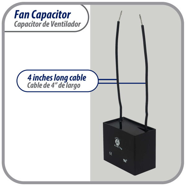 Appli Parts Fan Capacitor mfd (microfarads) uf 250 VAC with Wire  Terminal Connections compatible with any brand with same capacitance  1-7/8in Width 7/8in Depth 1-3/8in Height CAP-8-250-2C