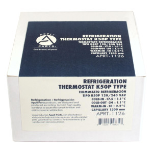 Appli Parts APRT-1126 Termostato de refrigeracion para neveras, congeladores, exhibidores frios SPST Entrada fria -17.5 C Corte frio -24 C Corte Caliente -10 C Capilar 1200 mm, remplaza K50P-1126