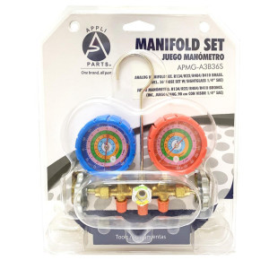 Appli Parts APMB-A3B36S Manometro R134,R22,R404,R410 1/4 pulg SAE, Escala Presion psi, Escala Temperatura Fahrenheit, Cuerpo de Laton con Visor, Adaptor 5/16 SAE a 1/4 SAE y Juego de Mangueras 90cm 1/4 SAE Appli Parts APMB-A3B36S Manometro R134,R22,R404,R410 1/4 pulg SAE, Escala Presion psi, Escala Temperatura Fahrenheit, Cuerpo de Laton con Visor, Adaptor 5/16 SAE a 1/4 SAE y Juego de Mangueras 90cm 1/4 SAE