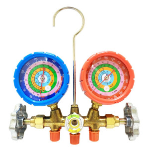 Appli Parts APMB-A3B36S Manometro R134,R22,R404,R410 1/4in SAE, Escala Presion psi, Escala Temperatura Fahrenheit, Cuerpo de Laton con Visor, Adaptor 5/16 SAE a 1/4 SAE y Mangueras de 90cm 1/4 SAE