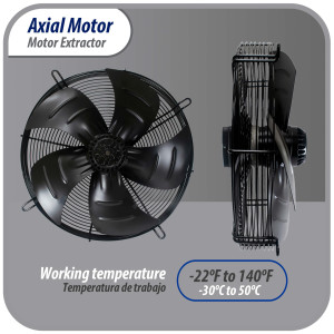 Appli Parts AXF-450 Extractor Axial 450 mm (17-3/4 pulg) 220 V, 1 ph, 60 Hz, 330 W, 1600 rpm, Rango Temperatura -30 C a 60 C, incluye aspa y base tipo jaula