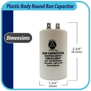 Appli Parts Condensador Capacitor de Marcha 35 Mfd uF (microfaradios) 250VAC CBB60 Cuerpo plastico para bombas de agua y otras aplicaciones Redondo UL E476928 8.5 cm Alto 4 cm Ancho CON-15-250-P Appli Parts Condensador Capacitor de Marcha 35 Mfd uF (microfaradios) 250VAC CBB60 Cuerpo plastico para bombas de agua y otras aplicaciones Redondo UL E476928 8.5 cm Alto 4 cm Ancho CON-15-250-P