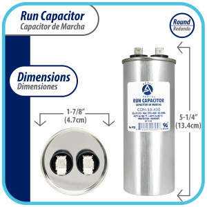 Appli Parts Condensador Capacitor de Marcha 55 Mfd uF (microfaradios) 370VAC o 450VAC CBB65 Universal Aire acondicionado y otras aplicaciones Redondo UL E476928 13.4cm Alto 4.7cm Ancho CON-55-450