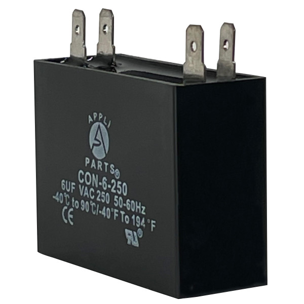 Appli Parts Fan Capacitor mfd (microfarads) uf 250 VAC Terminal  Connections compatible with any brand within the same range of capacitance  1-7/8in Width 3/4in Depth 1-3/4in Height CAP-6-250