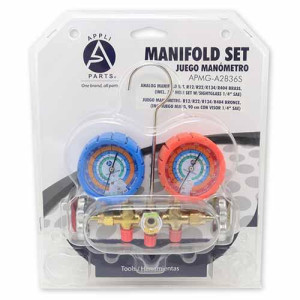 Appli Parts Analog Manifold Set R12/R22/R134/R404 Brass Includes 36in Hose Set With Sightglass 1/4in sae Apmg-A2b36s Ref. Ct-536g Appli Parts Analog Manifold Set R12/R22/R134/R404 Brass Includes 36in Hose Set With Sightglass 1/4in sae Apmg-A2b36s Ref. Ct-536g