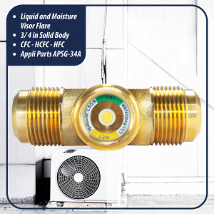 Appli Parts APSG-34A Visor de Liquido 3/4 pulg Flare e Indicador de Humedad con conexiones Rosca con cuerpo solido para Sistemas de Refrigeracion y Aire Acondicionado compatible con refrigerantes CFC, HCFC, HFC