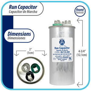 Appli Parts CON-35/7.5-450 Dual Run Capacitor for ac 35+7.5 Mfd uF (microfarads) 370VAC or 450VAC CBB65 Round Universal fit for hvac and other applications 4-3/4 in High 2 in Wide