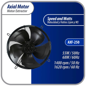 Appli Parts AXF-250 Extractor Axial 250 mm (9-7/8 pulg) 220 V, 1 ph, 50-60 Hz, 68W 1620 rpm, Rango Temperatura -30 C a 60 C, incluye aspa y base tipo jaula