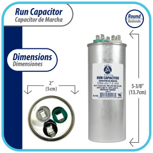 Appli Parts Dual Run Capacitor for ac 45+7.5 Mfd uF (microfarads) 370VAC or 450VAC CBB65 Round Universal fit for hvac and other applications 5-3/8 in High 2 in Wide CON-45/7.5-450
