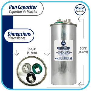 Appli Parts Dual Run Capacitor for ac 75+5 Mfd uF (microfarads) 370VAC or 450VAC CBB65 Round Universal fit for hvac and other applications 5-5/8 in High 2-1/4 in Wide CON-75/5-450