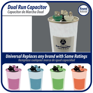 Appli Parts Dual Run Capacitor for ac 80+10 Mfd uF (microfarads) 370VAC or 450VAC CBB65 Round Universal fit for hvac and other applications 5-5/8 in High 2-1/4 in Wide CON-80/10-450