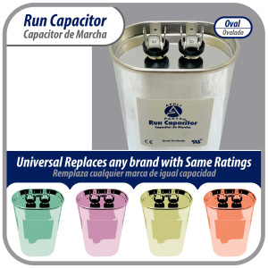 Appli Parts Run Capacitor for ac 10 Mfd uF (microfarads) 370 VAC or 450 VAC CBB65 Oval Universal fit for hvac and other applications 3-1/8in H 1-3/8in W 2-1/8in L  CON-10-450-O
