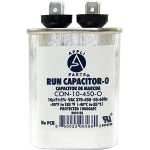 Appli Parts Run Capacitor for ac 10 Mfd uF (microfarads) 370 VAC or 450 VAC CBB65 Oval Universal fit for hvac and other applications 3-1/8in H 1-3/8in W 2-1/8in L  CON-10-450-O