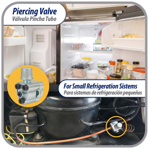 Appli Parts APT-PV210 Valvula perforadora 1/4, 5/16 o 3/8 pulg tipo bala con adaptadores y empacadura para sistemas de refrigeracion con puerto de servicio SAE de 1/4 pulg