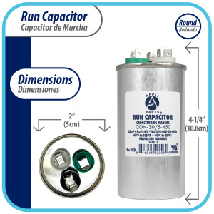 Appli Parts Condensador Capacitor de Marcha 30+5 Mfd uF (microfaradios) 370VAC o 450VAC CBB65 Universal Aire acondicionado y otras aplicaciones Redondo UL E476928 10.8cm Alto 5cm Ancho CON-30/5-450
