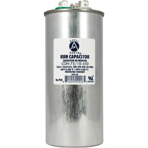 Appli Parts Dual Run Capacitor for ac 75+10 Mfd uF (microfarads) 370VAC or 450VAC CBB65 Round Universal fit for hvac and other applications 5-5/8 in High 2-1/4 in Wide CON-75/10-450