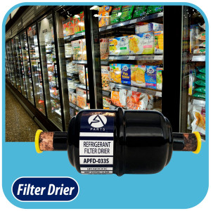 Appli Parts APFD-033S 3/8 in Liquid Line Refrigerant AC Filter Drier hvac Refrigeration 033S ODF Sweat Solder connection universal unidirectional 4-1/2 in long 1-3/4 in wide