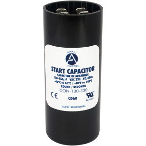 Appli Parts motor start capacitor 130-156 Mfd (microfarads) uF 330 VAC universal fit for electric motor applications 1-7/16 in Wide 3-3/8 in Height CON-130-330


