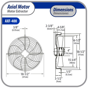 Appli Parts AXF-400 Extractor Axial 400 mm (15-3/4 pulg) 220 V, 1 ph, 50-60 Hz, 270 W, 1510 rpm, Rango Temperatura -30 C a 60 C, incluye aspa y base tipo jaula