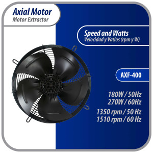 Appli Parts AXF-400 Extractor Axial 400 mm (15-3/4 pulg) 220 V, 1 ph, 50-60 Hz, 270 W, 1510 rpm, Rango Temperatura -30 C a 60 C, incluye aspa y base tipo jaula