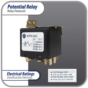 Appli Parts APPR-065 Potential Relay 065, Coil Voltage 332 V, Min Pick up 168 V, Max Pick up 182 V, Max Drop Out 90 V, 50/60 Hz Universal replacement for HVAC and Refrigeration units
