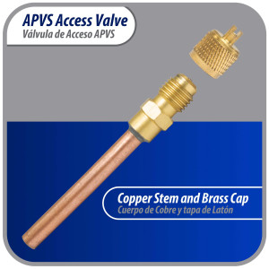 Appli Parts Valvula de acceso de 1/4 SAE x 1/4 pulg OD x con vastago de cobre de 5cm de largo con nucleo y tapa de laton con removedor de nucleo y empacadura APVS-14142