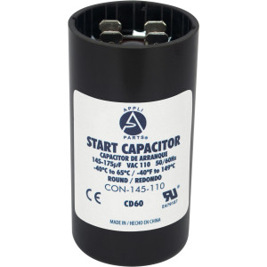 Appli Parts motor start capacitor 145-175 Mfd (microfarads) uF 110-125 VAC universal fit for electric motor applications 1-7/16 in Diameter 2-3/4 in Height CON-145-110


