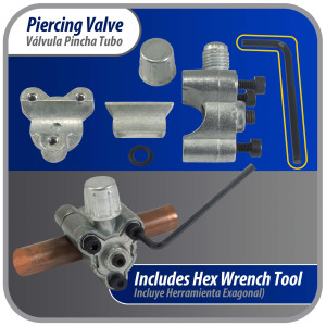 Appli Parts APT-PV310 Valvula perforadora 1/2, 5/8 pulg tipo bala con adaptadores y sello para sistemas de refrigeracion con puerto de servicio SAE de 1/4 pulg