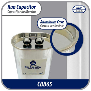 Appli Parts Run Capacitor for ac 15 Mfd uF (microfarads) 370 VAC or 450 VAC CBB65 Oval Universal fit for hvac and other applications 3-1/2in H 1-3/8in W 2-1/8in L CON-15-450-O