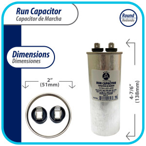 Appli Parts Run Capacitor for ac 60 Mfd uF (microfarads) 370 VAC or 450 VAC CBB65 Round Universal fit for hvac and other applications 5-7/16 in High 2 in Wide CON-60-450