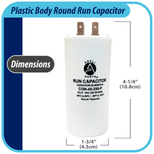 Appli Parts Condensador Capacitor de Marcha 45 Mfd uF (microfaradios) 250VAC CBB60 Cuerpo plastico para bombas de agua y otras aplicaciones Redondo UL E476928 10.8cm Alto 4.5cm Ancho CON-45-250-P Appli Parts Condensador Capacitor de Marcha 45 Mfd uF (microfaradios) 250VAC CBB60 Cuerpo plastico para bombas de agua y otras aplicaciones Redondo UL E476928 10.8cm Alto 4.5cm Ancho CON-45-250-P