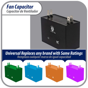 Appli Parts Fan Capacitor 3 mfd (microfarads) uf 450 VAC with 4 Terminal Connections compatible with any brand within the same range of capacitance 1-1/2in Width 3/4in Depth 1-1/2in Height CAP-3-450