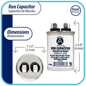 Appli Parts Condensador Capacitor de Marcha 5 Mfd uF (microfaradios) 370VAC o 450VAC CBB65 Universal Aire acondicionado y otras aplicaciones Redondo UL E476928 6.4cm Alto 3.7cm Ancho CON-5-450