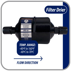 Appli Parts APFD-164 1/2 in Liquid Line Refrigerant AC Filter Drier hvac Refrigeration 164 SAE Flare connection universal unidirectional 7in long 3in wide