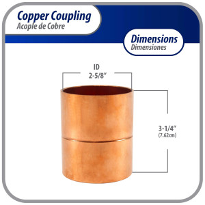 Appli Parts AP-A258 2-5/8 in Wrot Copper Coupling fitting CxC Sweat connections for refrigeration, air conditioning and plumbing applications ACR and Type L copper pipe  Appli Parts AP-A258 2-5/8 in Wrot Copper Coupling fitting CxC Sweat connections for refrigeration, air conditioning and plumbing applications ACR and Type L copper pipe