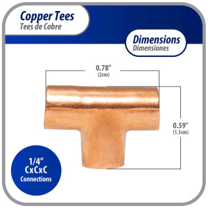 Appli Parts AP-T014B10 1/4in Wrot Copper Tee CxCxC connections for refrigeration, air conditioning and plumbing applications ACR and Type L copper pipe (10 x Bag)
 Appli Parts AP-T014B10 1/4in Wrot Copper Tee CxCxC connections for refrigeration, air conditioning and plumbing applications ACR and Type L copper pipe (10 x Bag)
