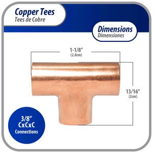 Appli Parts AP-T038B10 3/8in Wrot Copper Tee CxCxC connections for refrigeration, air conditioning and plumbing applications ACR and Type L copper pipe (10 x Bag)
 Appli Parts AP-T038B10 3/8in Wrot Copper Tee CxCxC connections for refrigeration, air conditioning and plumbing applications ACR and Type L copper pipe (10 x Bag)