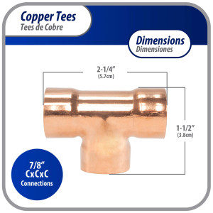 Appli Parts AP-T078B10 7/8in Wrot Copper Tee CxCxC connections for refrigeration, air conditioning and plumbing applications ACR and Type L copper pipe (10 x Bag)
 Appli Parts AP-T078B10 7/8in Wrot Copper Tee CxCxC connections for refrigeration, air conditioning and plumbing applications ACR and Type L copper pipe (10 x Bag)