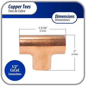 Appli Parts AP-T012B10 1/2in Wrot Copper Tee CxCxC connections for refrigeration, air conditioning and plumbing applications ACR and Type L copper pipe (10 x Bag)
 Appli Parts AP-T012B10 1/2in Wrot Copper Tee CxCxC connections for refrigeration, air conditioning and plumbing applications ACR and Type L copper pipe (10 x Bag)