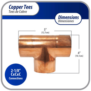 Appli Parts APT-218 2-1/8 pulg Tee de Cobre Conexiones CxCxC soldadas para aplicaciones de refrigeracion, aire acondicionado y plomeria Tuberia de Cobre ACR y Tipo L 