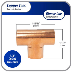 Appli Parts AP-T034B10 3/4 in Wrot Copper Tee CxCxC connections for refrigeration, air conditioning and plumbing applications ACR and Type L copper pipe (10 x Bag)
 Appli Parts AP-T034B10 3/4 in Wrot Copper Tee CxCxC connections for refrigeration, air conditioning and plumbing applications ACR and Type L copper pipe (10 x Bag)