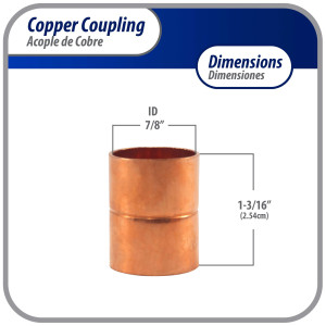Appli Parts AP-A078B10 7/8 in Wrot Copper Coupling fitting CxC Sweat connections for refrigeration, air conditioning and plumbing applications ACR and Type L copper pipe (10 x Bag)
 Appli Parts AP-A078B10 7/8 in Wrot Copper Coupling fitting CxC Sweat connections for refrigeration, air conditioning and plumbing applications ACR and Type L copper pipe (10 x Bag)