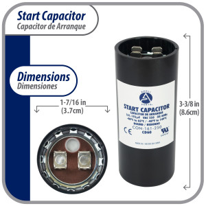Appli Parts motor start capacitor 161-193 Mfd (microfarads) uF 250 VAC universal fit for electric motor applications 1-7/16 in Wide 3-3/8 in Height CON-161-250
 Appli Parts motor start capacitor 161-193 Mfd (microfarads) uF 250 VAC universal fit for electric motor applications 1-7/16 in Wide 3-3/8 in Height CON-161-250