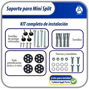 Appli Parts APAB-3160 Soporte de Montaje en Pared para Mini Split. Soporta hasta 160 kg, Compatible con 5000 a 36000 BTU, Incluye Barra con Nivel, Gomas Antivibracion y Kit Completo de Instalacion