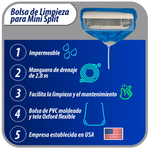 Appli Parts APCC-1218B Bolsa de Mantenimiento o Limpieza Mini Split de 1 - 1.5 Toneladas (18.000 Btu) para equipos de 0.7 a 1 m, Impermeable, manguera de 2.8 m para drenaje. Remplaza 532 533 562 572
