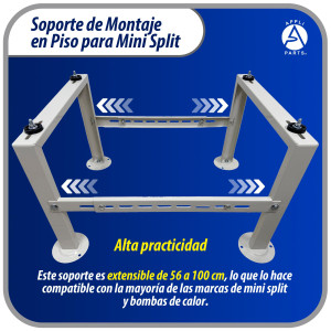 Appli Parts APAB-4440 Soporte de Montaje en Piso para Mini Split. Soporta 200 kg, Compatible desde 9000 a 60000 BTU, Incluye Gomas Antivibracion y Kit Completo de Instalacion. Extensible 56 a 100 cm
