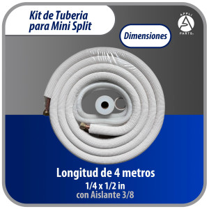 Appli Parts APLS-K14123813 Kit de Tuberia Mini Split 1/4 x 1/2 in, 4 m, con Aislante 3/8, Manguera Desague, Cinta Momia y Cinta Teflon. Fabricado en cobre y aluminio
